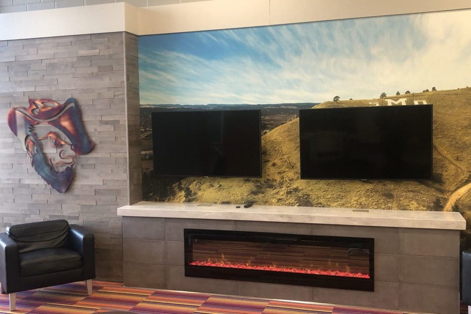 Interior of South Dakota School of Mines and Technology tv and fireplace in Rapid City, SD